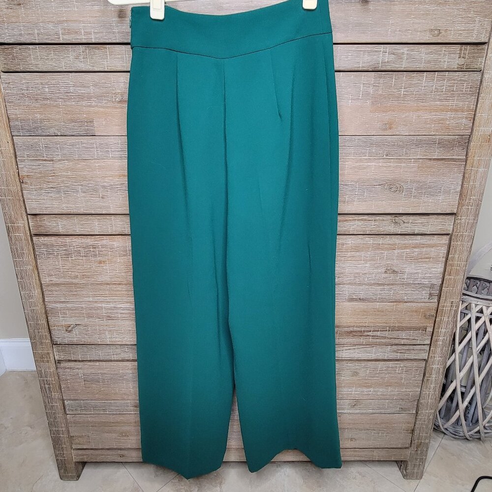 Zara Womens XS Green Wide Leg Dress Pants High Waisted Pleated Trouser Career